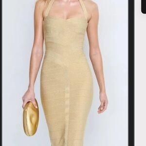 Herve Leger Gold Halter Maxi Dress